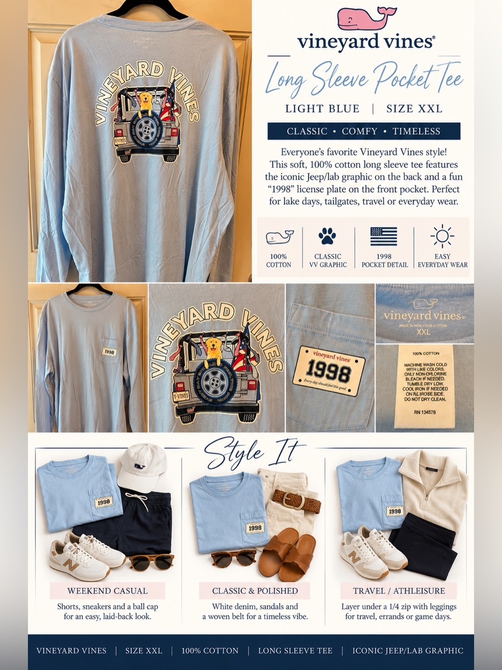 Vineyard Vines Jeep Lab Graphic Long Sleeve Pocket Tee Blue XXL